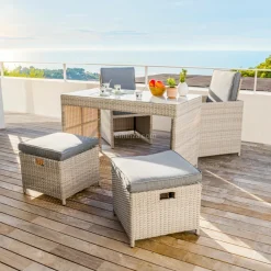 Salon De Balcon|Salon De Jardin|MOBELLIA Salon de jardin résine tressée encastrable 4 places Menorca Gris