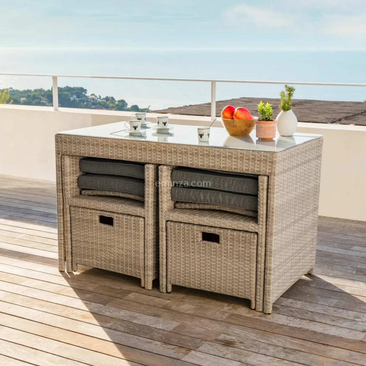 Salon De Balcon|Salon De Jardin|MOBELLIA Salon de jardin résine tressée encastrable 4 places Menorca Gris