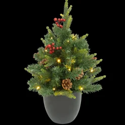 Sapin Artificiel De Noël|JJA Sapin artificiel de Noël lumineux (H42 cm) Baies et pomme de pin Sapin vert lumineux