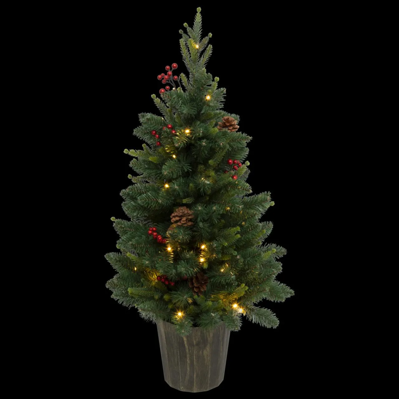 Sapin Artificiel De Noël|JJA Sapin artificiel de Noël lumineux (H90 cm) Baies et pomme de pin Sapin vert lumineux