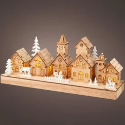Village De Noël En Bois|Déco Et Objet Lumineux|KAEMINGK Scène de vie lumineuse à piles en bois (30 x H13 cm) Hameau féerique