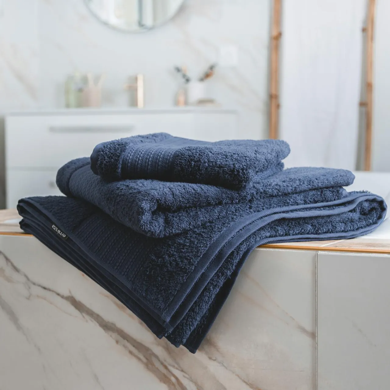 Linge De Bain|Serviette De Bain|EMINZA Serviette de bain coton bio (70 x 130 cm) Méline Bleu nuit