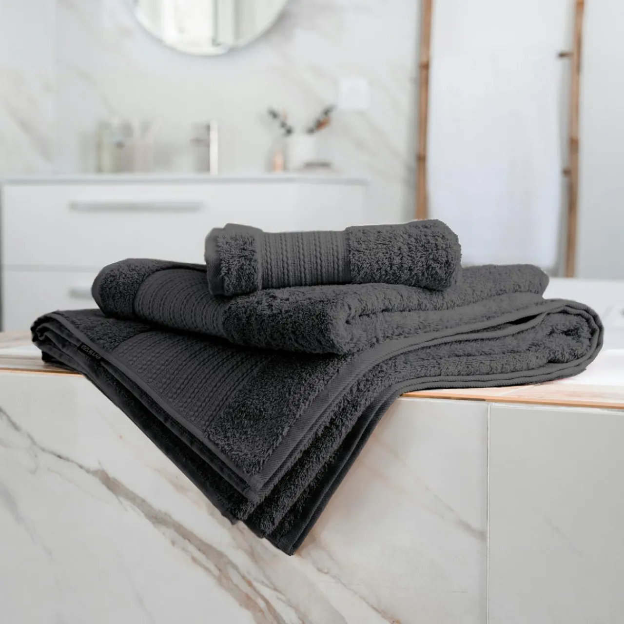 Linge De Bain|Serviette De Bain|EMINZA Serviette de bain coton bio (70 x 130 cm) Méline Gris orage Gris foncé