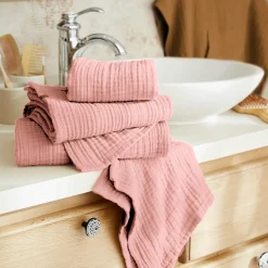 Linge De Bain|Serviette De Bain|EMINZA Serviette de bain gaze de coton (30 x 50 cm) Gaïa Rose Pêche