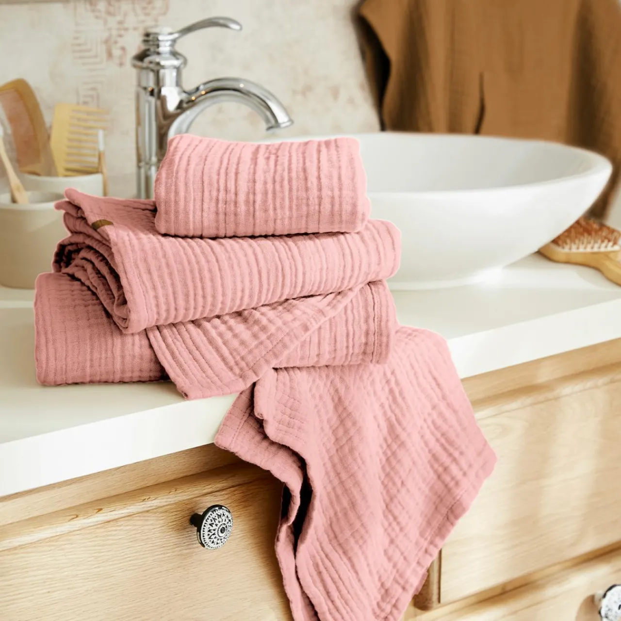 Linge De Bain|Serviette De Bain|EMINZA Serviette de bain gaze de coton (50 x 90 cm) Gaïa Rose Pêche