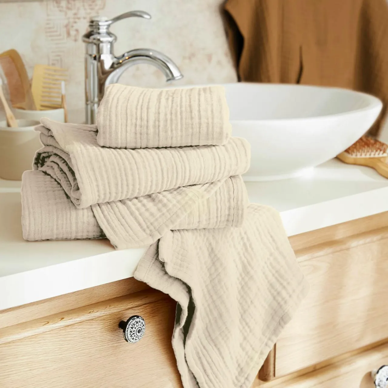 Linge De Bain|Serviette De Bain|EMINZA Serviette de bain gaze de coton (30 x 50 cm) Gaïa pampa Beige