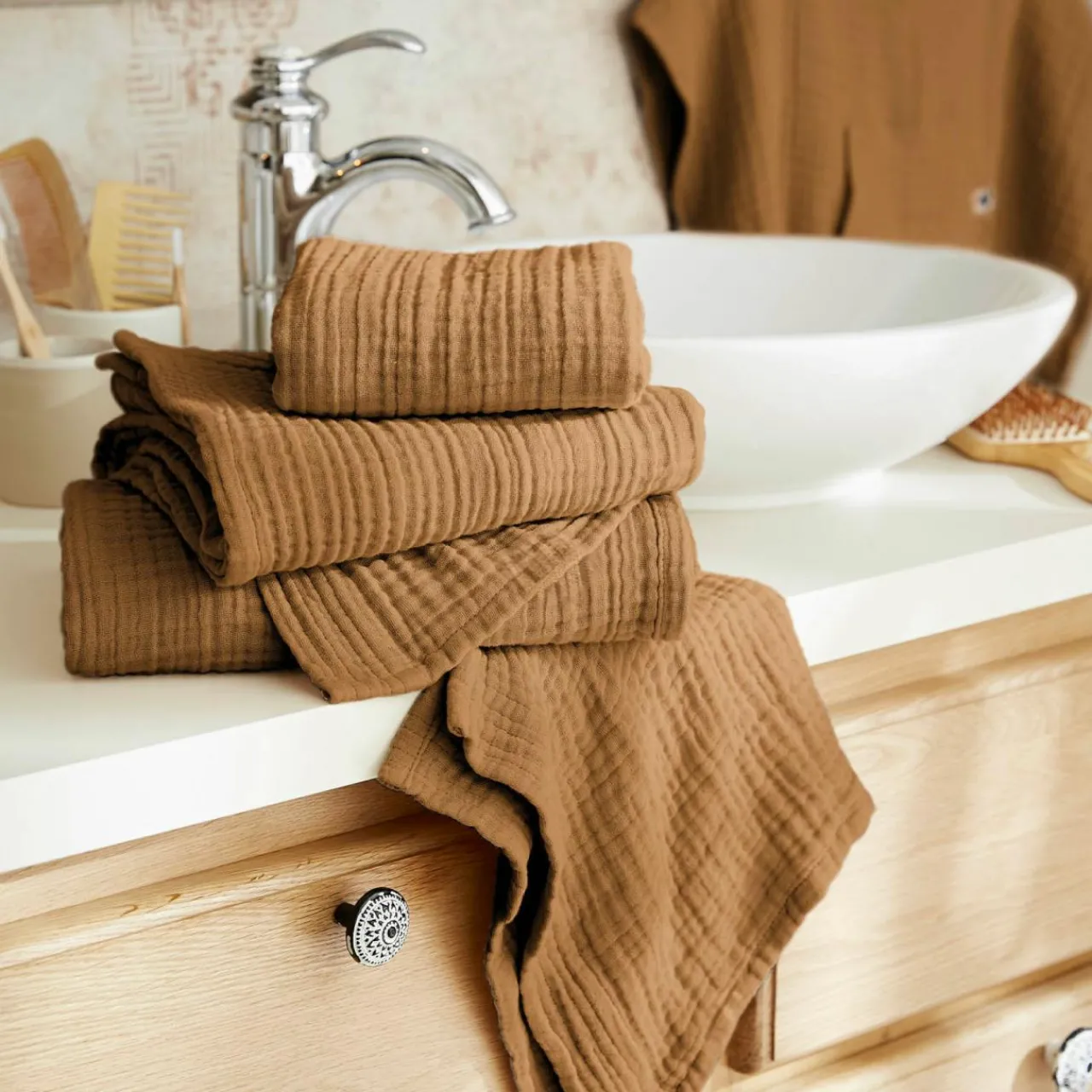 Linge De Bain|Serviette De Bain|EMINZA Serviette de bain gaze de coton (70 x 130 cm) Gaïa Camel