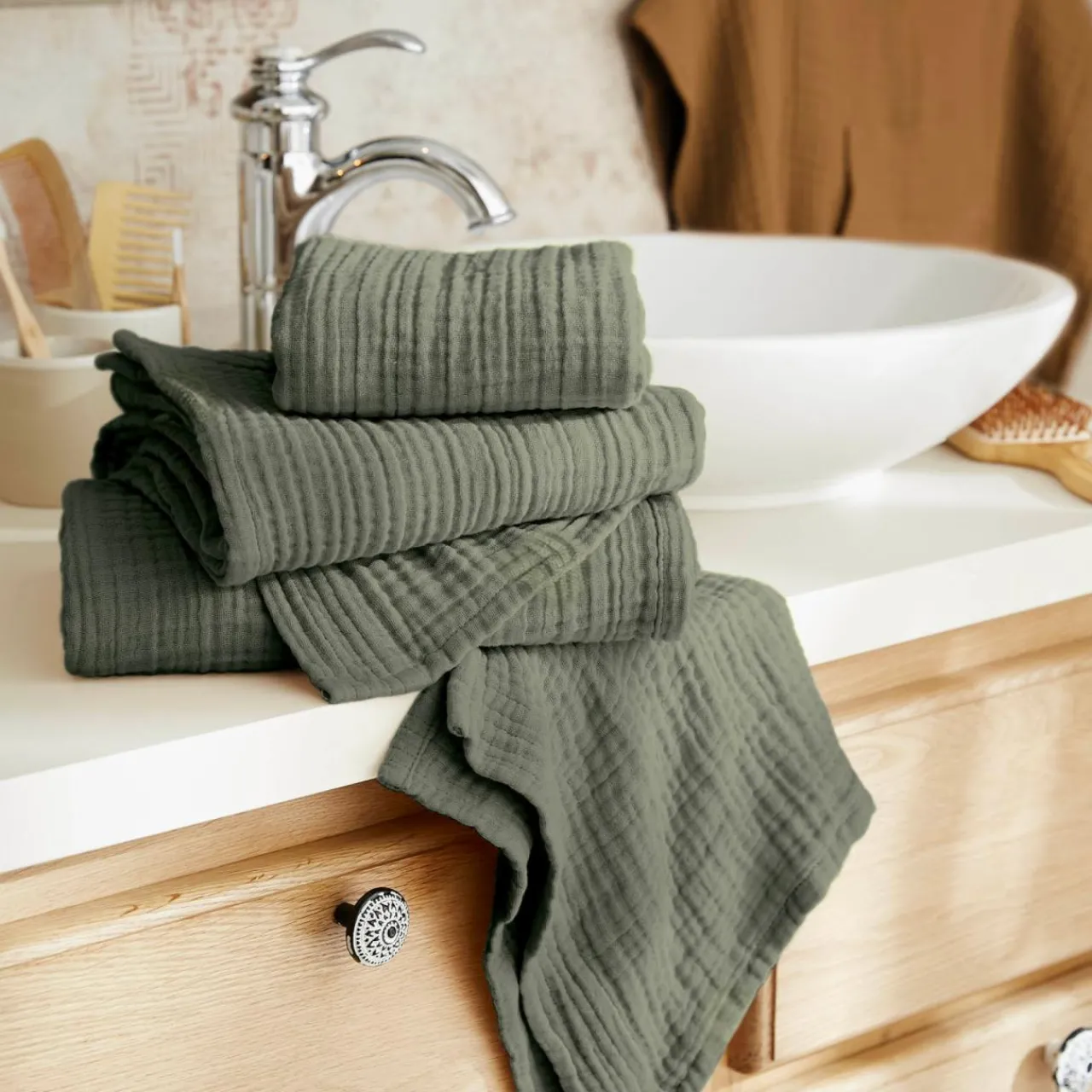 Linge De Bain|Serviette De Bain|EMINZA Serviette de bain gaze de coton (70 x 130 cm) Gaïa Vert romarin