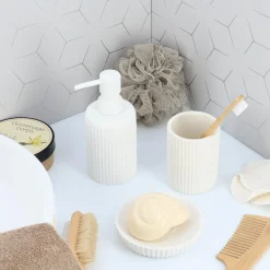 Accessoire Salle De Bain|TENDANCE Set d'accessoires salle de bain résine Strié Blanc