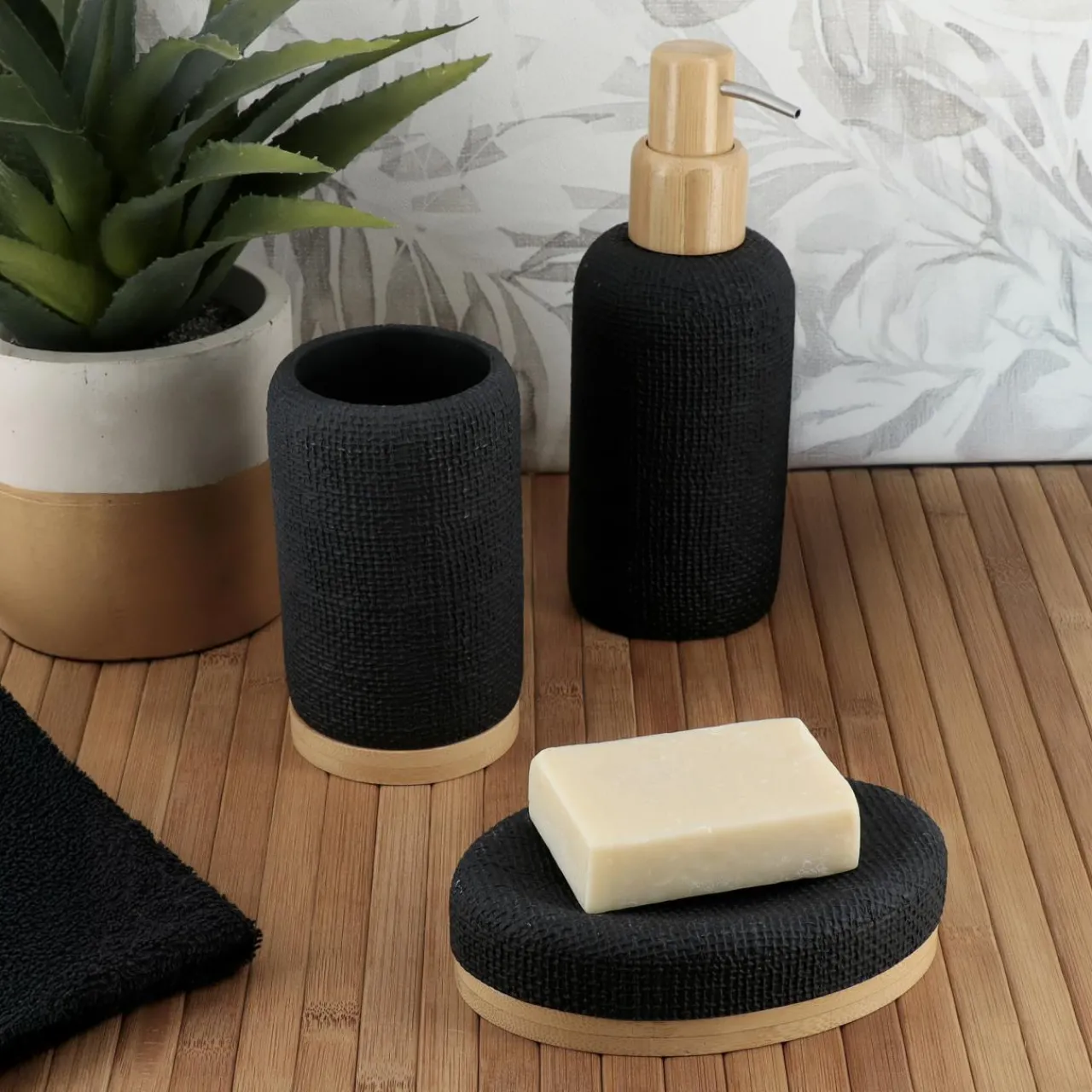 Accessoire Salle De Bain|TENDANCE Set d'accessoires salle de bain effet Maille Noir