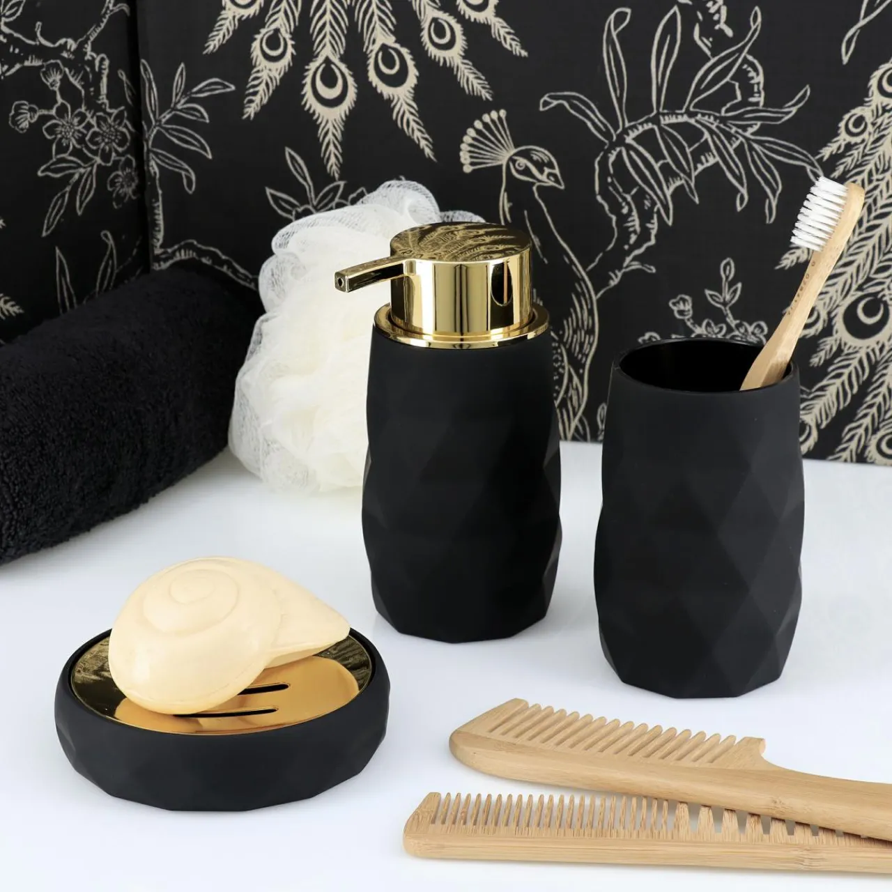 Accessoire Salle De Bain|TENDANCE Set d'accessoires salle de bain Rubby Noir