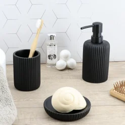 Accessoire Salle De Bain|TENDANCE Set d'accessoires salle de bain résine Strié Noir