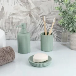 Accessoire Salle De Bain|TENDANCE Set d'accessoires salle de bain résine Strié Vert Eucalyptus