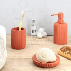 Accessoire Salle De Bain|TENDANCE Set d'accessoires salle de bain résine Strié Terracotta