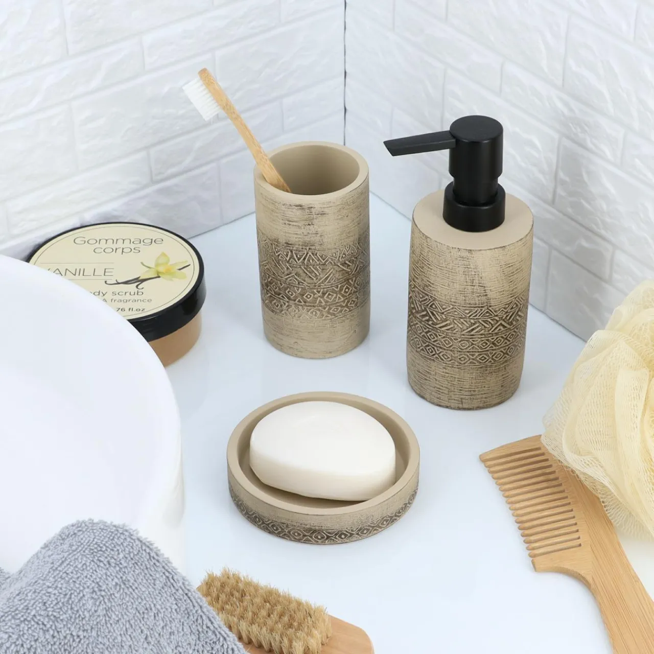 Accessoire Salle De Bain|TENDANCE Set d'accessoires salle de bain ciment Tanger Naturel