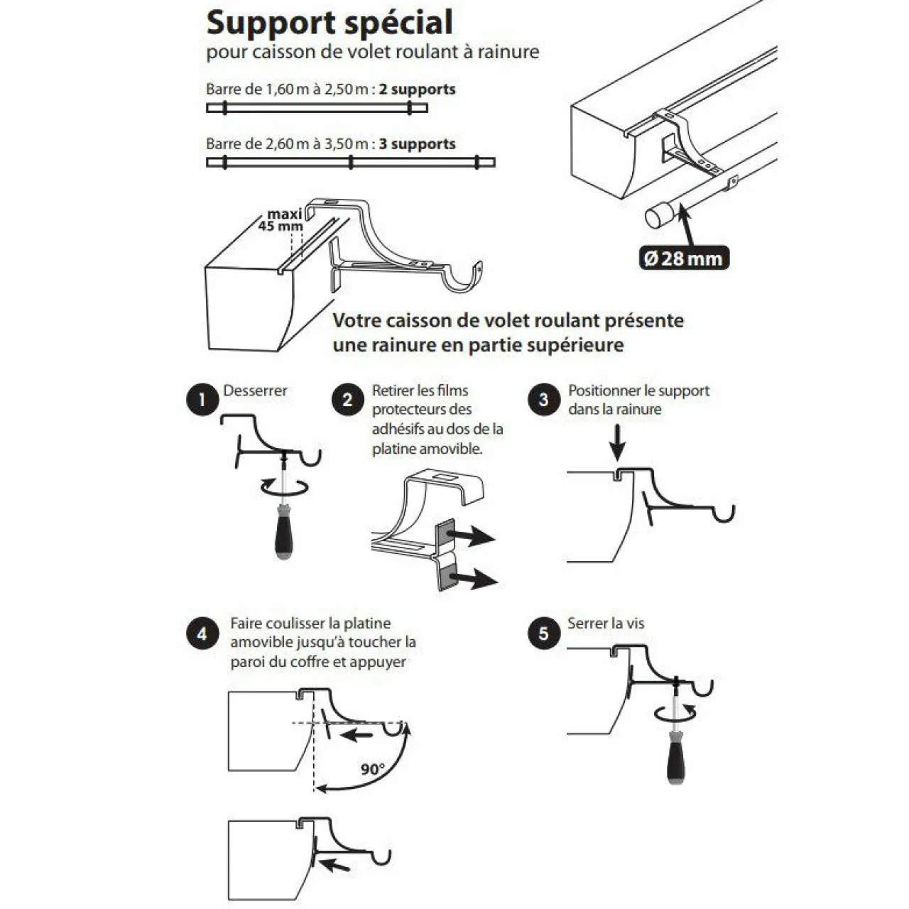 Tringle Voilage Et Support|Tringle À Rideau, Barre Et Support|LUANCE Support à tringle pour caisson de volet roulant (L135 / D28 mm) satiné Blanc