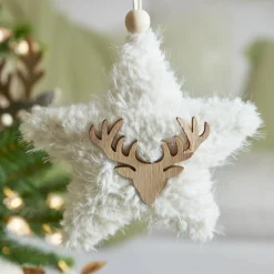 Décoration De Sapin|KAEMINGK Suspension de Noël en bois (H15 cm) Étoile fourrure Blanc