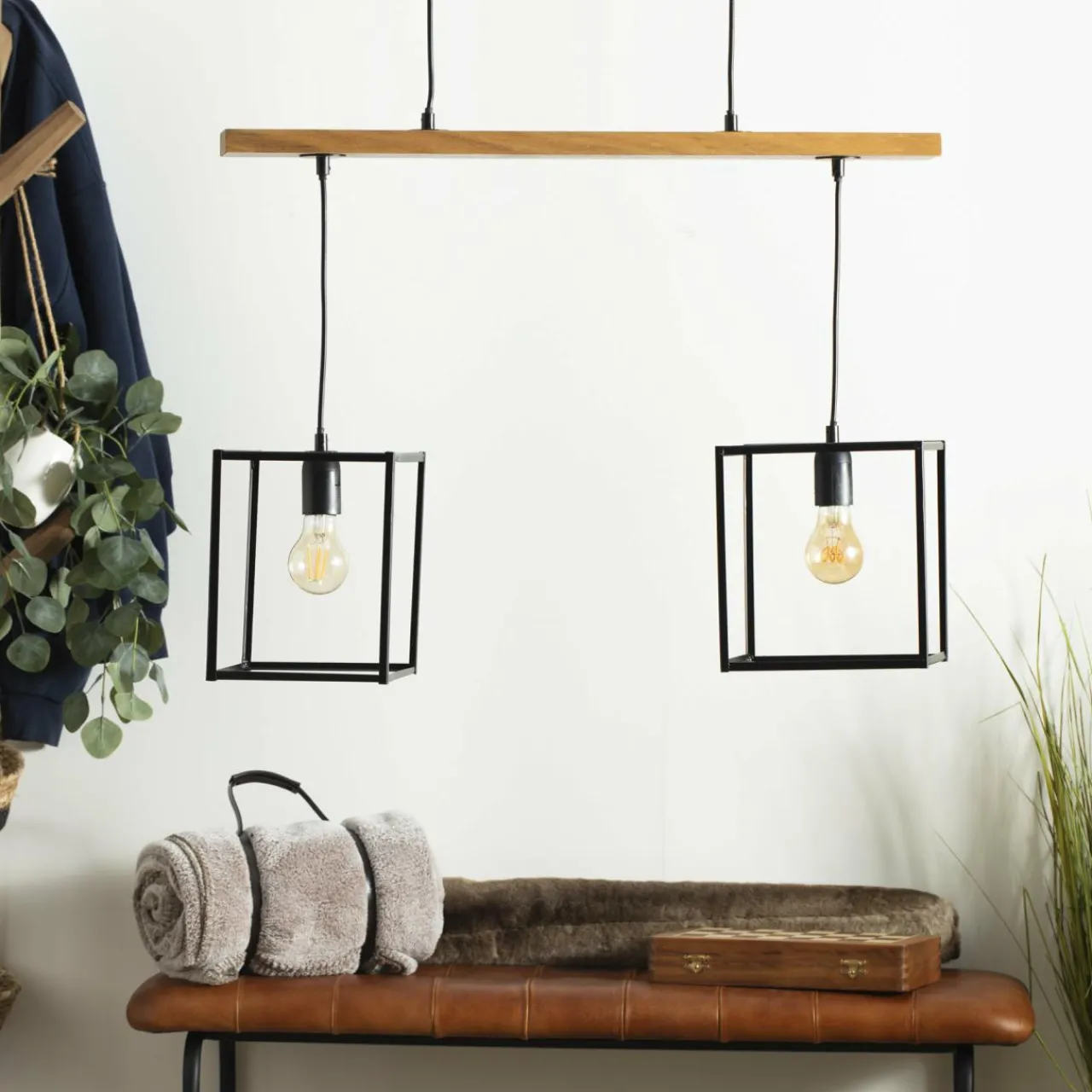 Lampe Suspension|ATMOSPHERA Suspension lumineuse bois acacia (L70 x H120 cm) Edena Noir