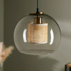 Lampe Suspension|OSTARIA Suspension lumineuse en verre et cannage (D25 cm) Lucéa Beige Transparent