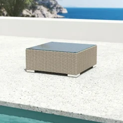 Canapé, Fauteuil Et Table Basse|MOBELLIA Table basse de jardin carrée en résine tressée Palma Gris