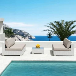 Canapé, Fauteuil Et Table Basse|MOBELLIA Table basse de jardin carrée en résine tressée Palma Blanc