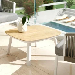 Canapé, Fauteuil Et Table Basse|MOBELLIA Table basse de jardin carrée aluminium Amalfi Blanc