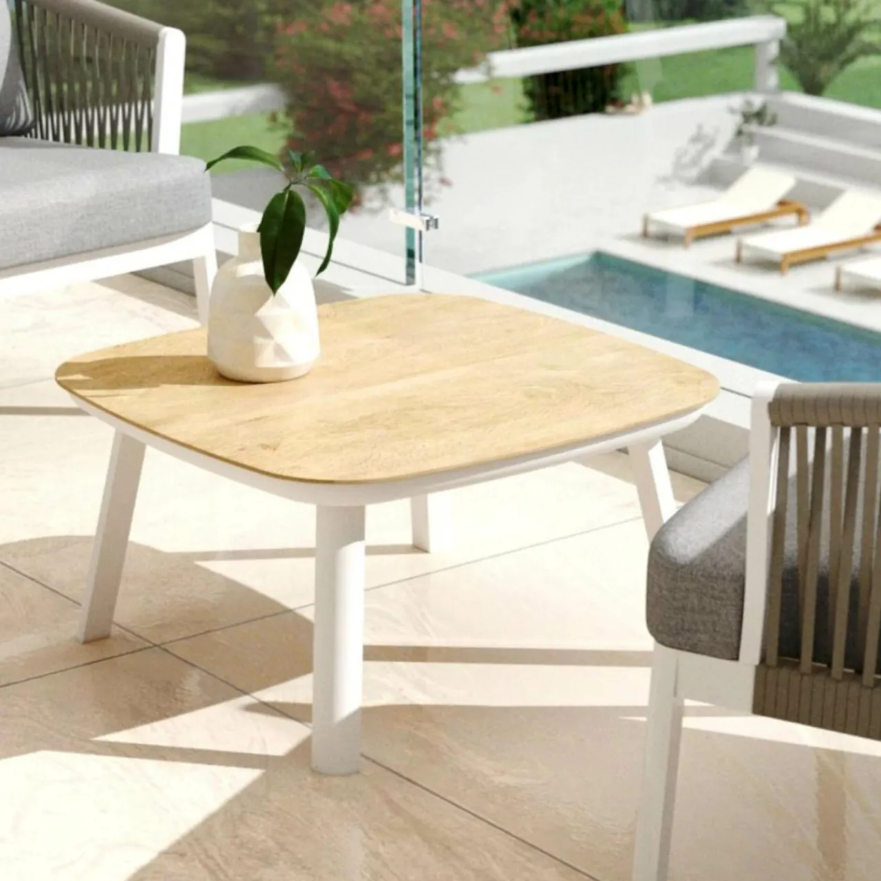 Canapé, Fauteuil Et Table Basse|MOBELLIA Table basse de jardin carrée aluminium Amalfi Blanc