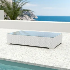 Canapé, Fauteuil Et Table Basse|MOBELLIA Table basse de jardin rectangulaire en résine tressée Palma Blanc