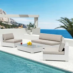 Canapé, Fauteuil Et Table Basse|MOBELLIA Table basse de jardin rectangulaire en résine tressée Palma Blanc