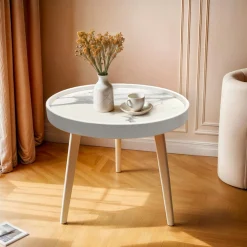 Table D'Appoint|EMINZA Table basse ronde effet marbre (H43 cm) Déa Blanc