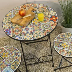 Table De Jardin|Salon De Balcon|#N/A Table bistrot ronde pliable en mosaïque (D60 cm) Braga Multicolore