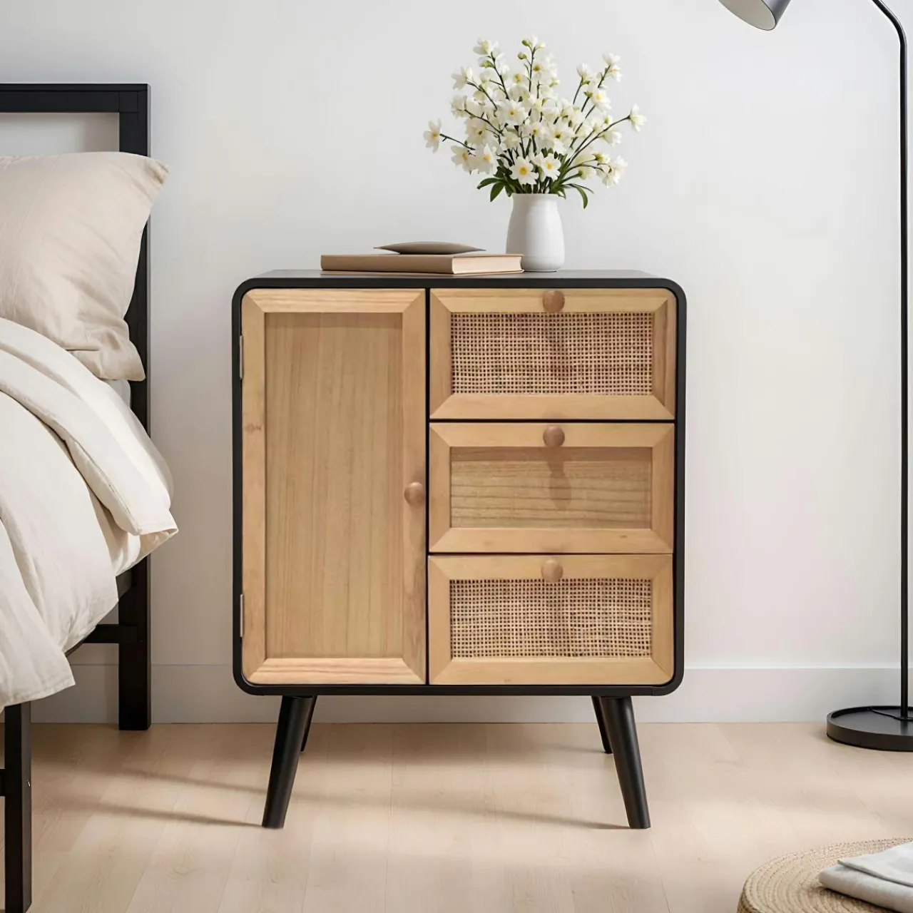 Table D'Appoint|EMINZA Table d'appoint bois et cannage (H60 cm) Osaka et bois Noir