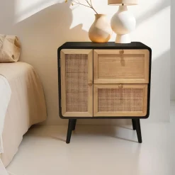 Table D'Appoint|EMINZA Table de chevet bois et cannage (50 x H55 cm) Osaka et bois Noir