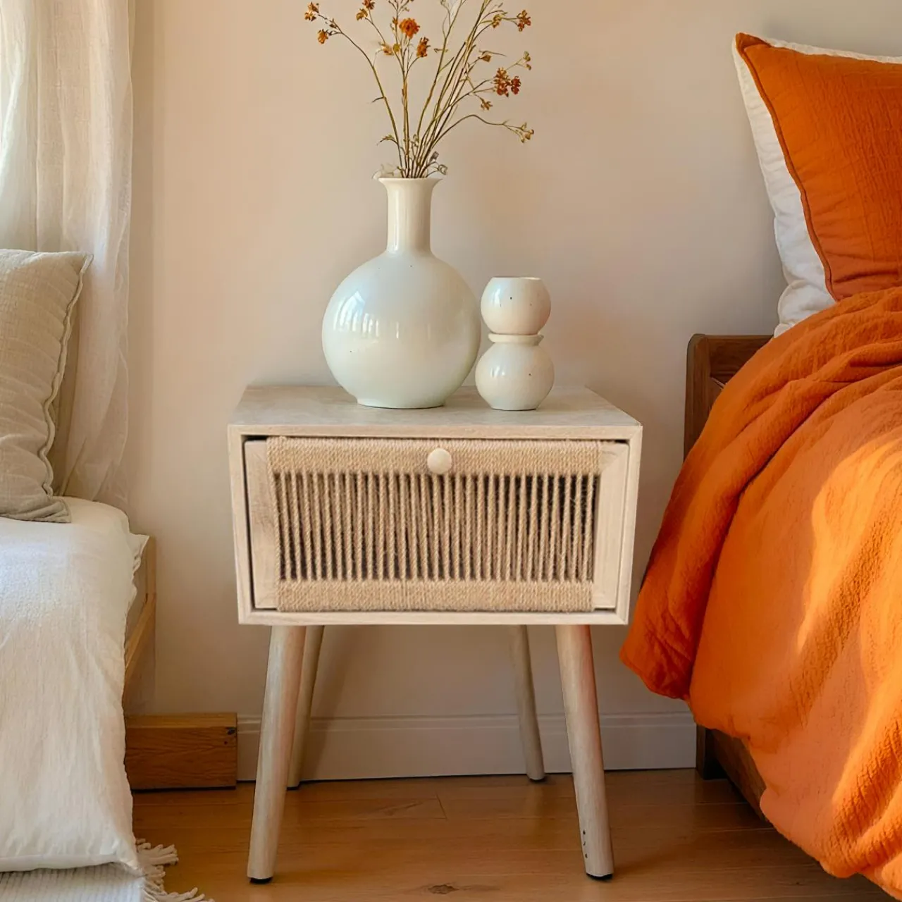 Table D'Appoint|EMINZA Table de chevet bois et cordes de chanvre (H58 cm) Manille tiroir Beige