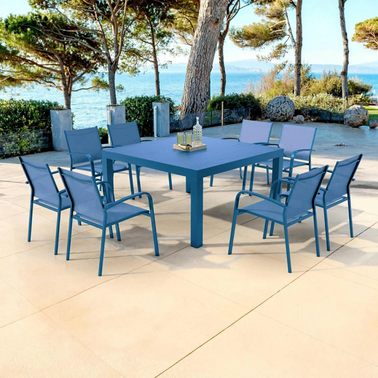 Table De Jardin|Salon De Balcon|MOBELLIA Table de jardin carrée aluminium 8 places (136 x 136 cm) Murano Bleu pétrole