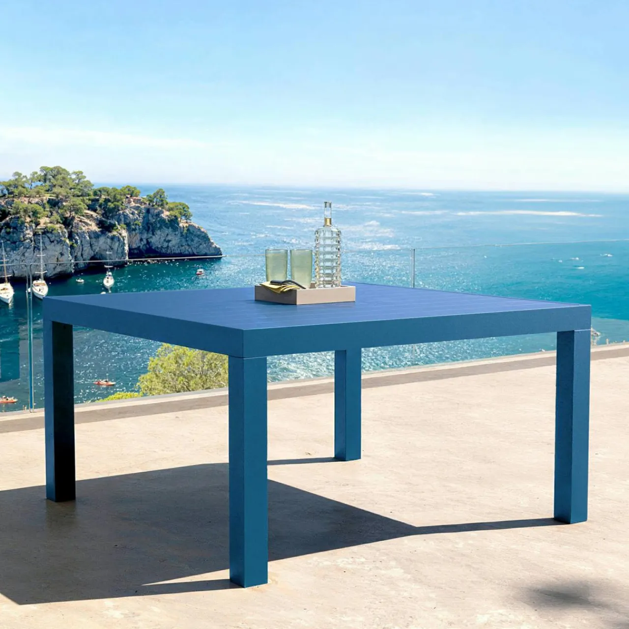 Table De Jardin|Salon De Balcon|MOBELLIA Table de jardin carrée aluminium 8 places (136 x 136 cm) Murano Bleu pétrole