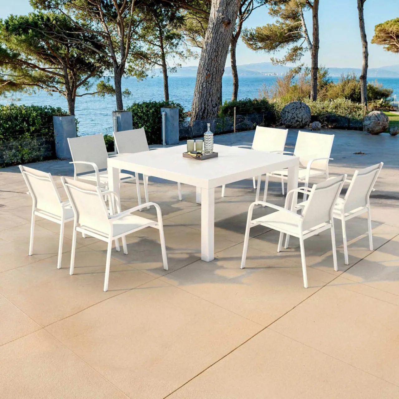 Table De Jardin|Salon De Balcon|MOBELLIA Table de jardin carrée aluminium 8 places (136 x 136 cm) Murano Blanc