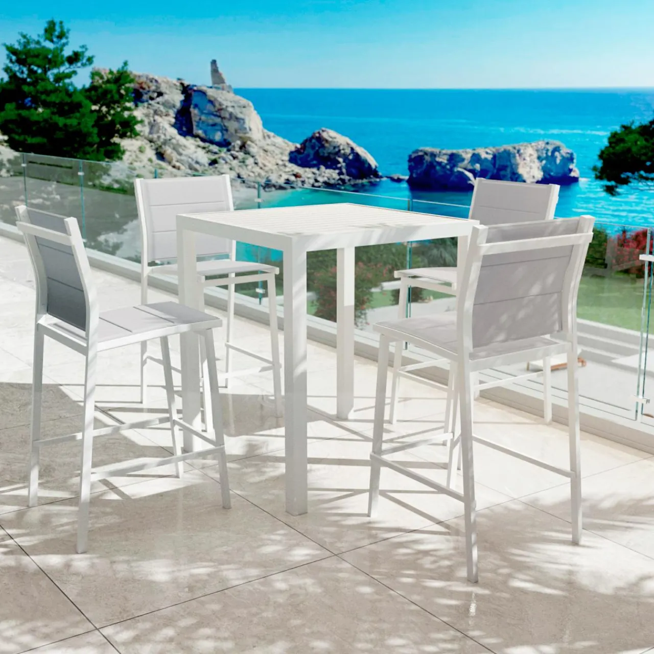 Table De Jardin|Salon De Balcon|MOBELLIA Table de jardin carrée haute aluminium 4 places (90 x H105 cm) Murano Blanc
