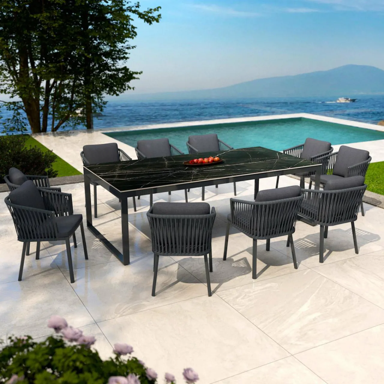 Table De Jardin|Salon De Jardin|MOBELLIA Table de jardin en aluminium et céramique 10 places (240 x 120 cm) Kore Noir marbré