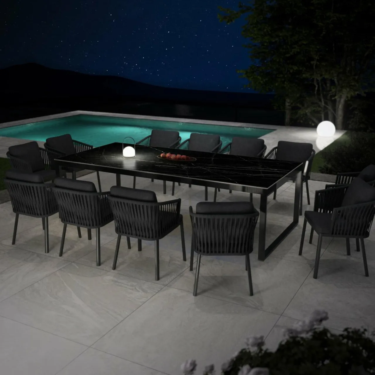 Table De Jardin|Salon De Jardin|MOBELLIA Table de jardin en aluminium et céramique 12 places (260 x 120 cm) Kore Noir marbré