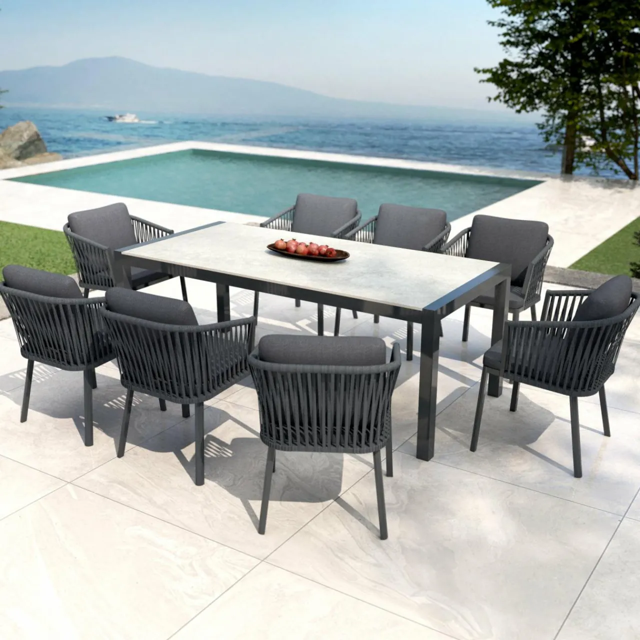 Table De Jardin|Salon De Jardin|MOBELLIA Table de jardin en aluminium et céramique 8 places (180 x 90 cm) Modena Gris clair