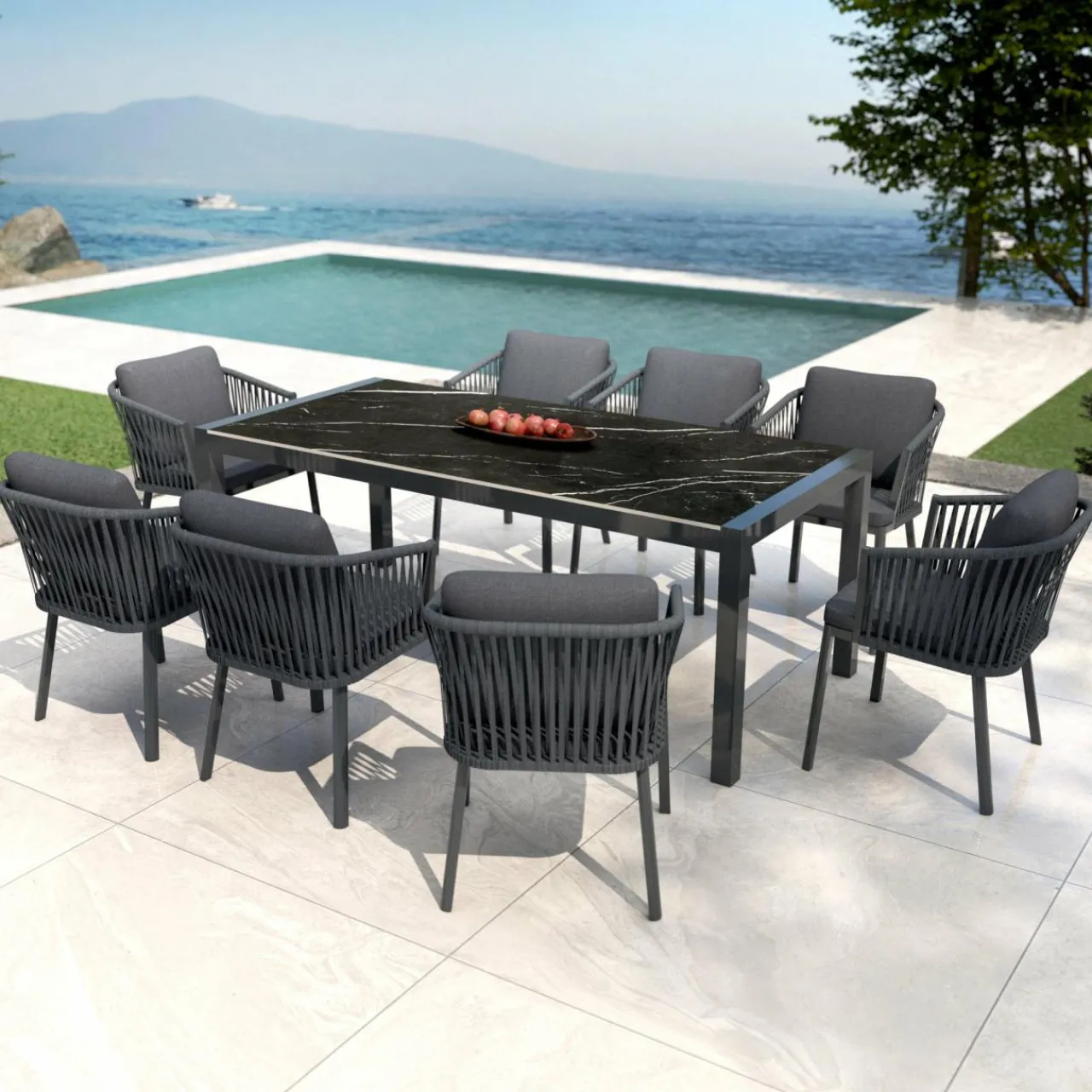 Table De Jardin|Salon De Jardin|MOBELLIA Table de jardin en aluminium et céramique 8 places (180 x 90 cm) Modena Noir marbré