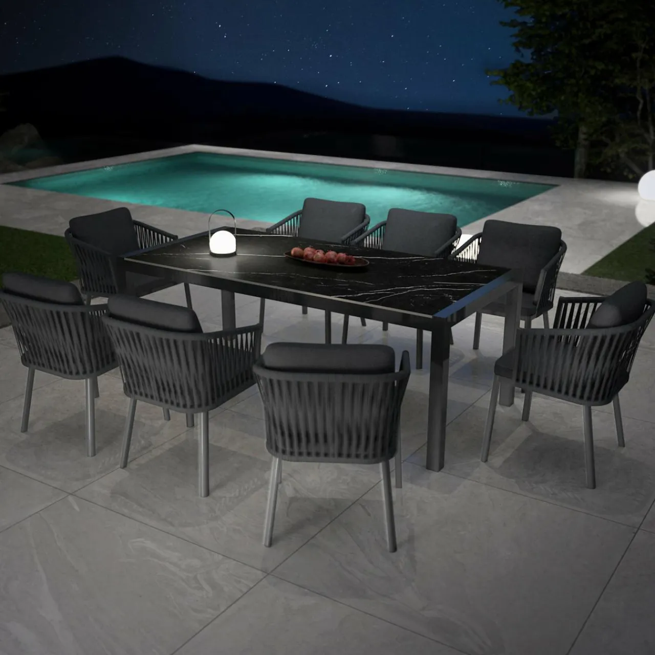 Table De Jardin|Salon De Jardin|MOBELLIA Table de jardin en aluminium et céramique 8 places (180 x 90 cm) Modena Noir marbré