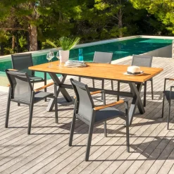 Table De Jardin|Salon De Jardin|MOBELLIA Table de jardin en aluminium et bois teck 8 places (200 x 100 cm) Bali Gris Anthracite
