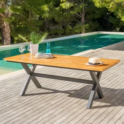 Table De Jardin|Salon De Jardin|MOBELLIA Table de jardin en aluminium et bois teck 8 places (200 x 100 cm) Bali Gris Anthracite
