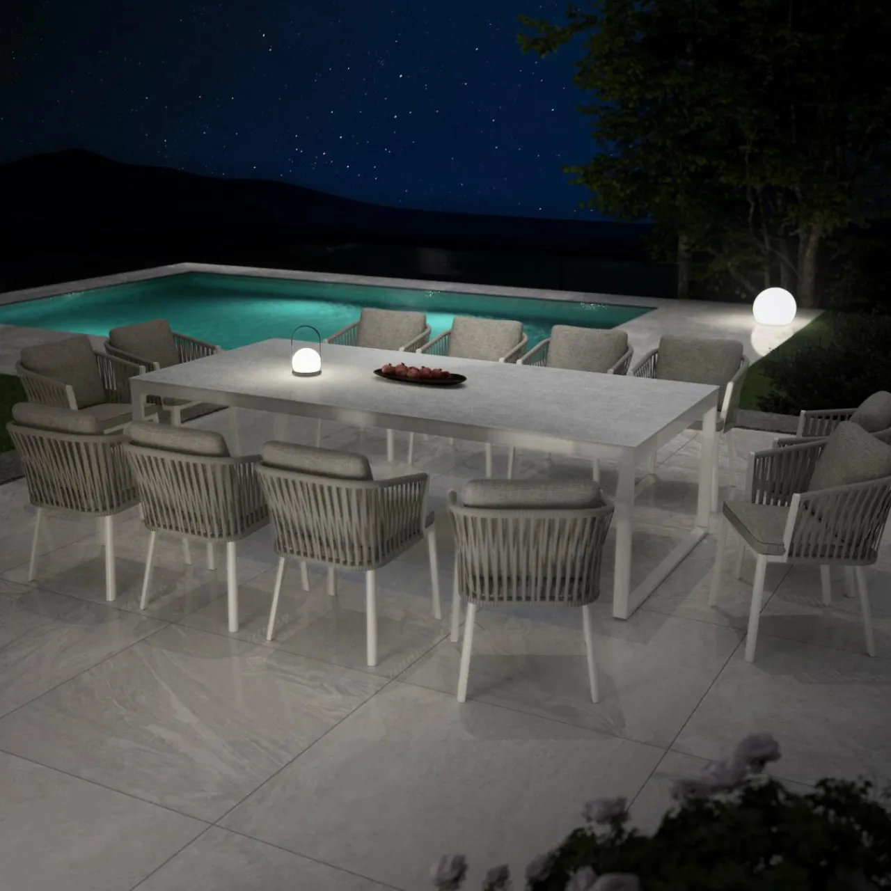 Table De Jardin|Salon De Jardin|MOBELLIA Table de jardin en aluminium et céramique 12 places (260 x 120 cm) Kore Blanc et Gris clair