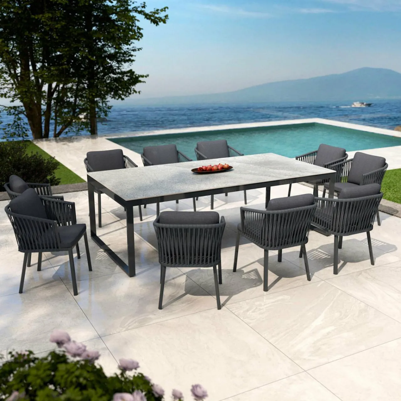 Table De Jardin|Salon De Jardin|MOBELLIA Table de jardin en aluminium et céramique 10 places (240 x 120 cm) Kore Gris et gris anthracite Effet Pierre gris - gris anthracite