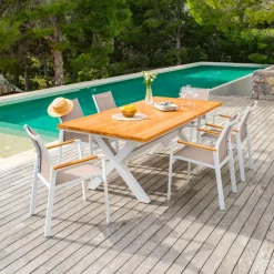 Table De Jardin|Salon De Jardin|MOBELLIA Table de jardin en aluminium et bois teck 8 places (200 x 100 cm) Bali Blanc