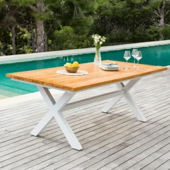 Table De Jardin|Salon De Jardin|MOBELLIA Table de jardin en aluminium et bois teck 8 places (200 x 100 cm) Bali Blanc