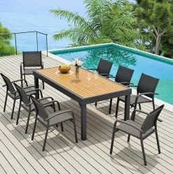 Table De Jardin|Salon De Jardin|MOBELLIA Table de jardin extensible en aluminium 12 places effet bois (200/320 x 100 cm) Murano Gris Anthracite